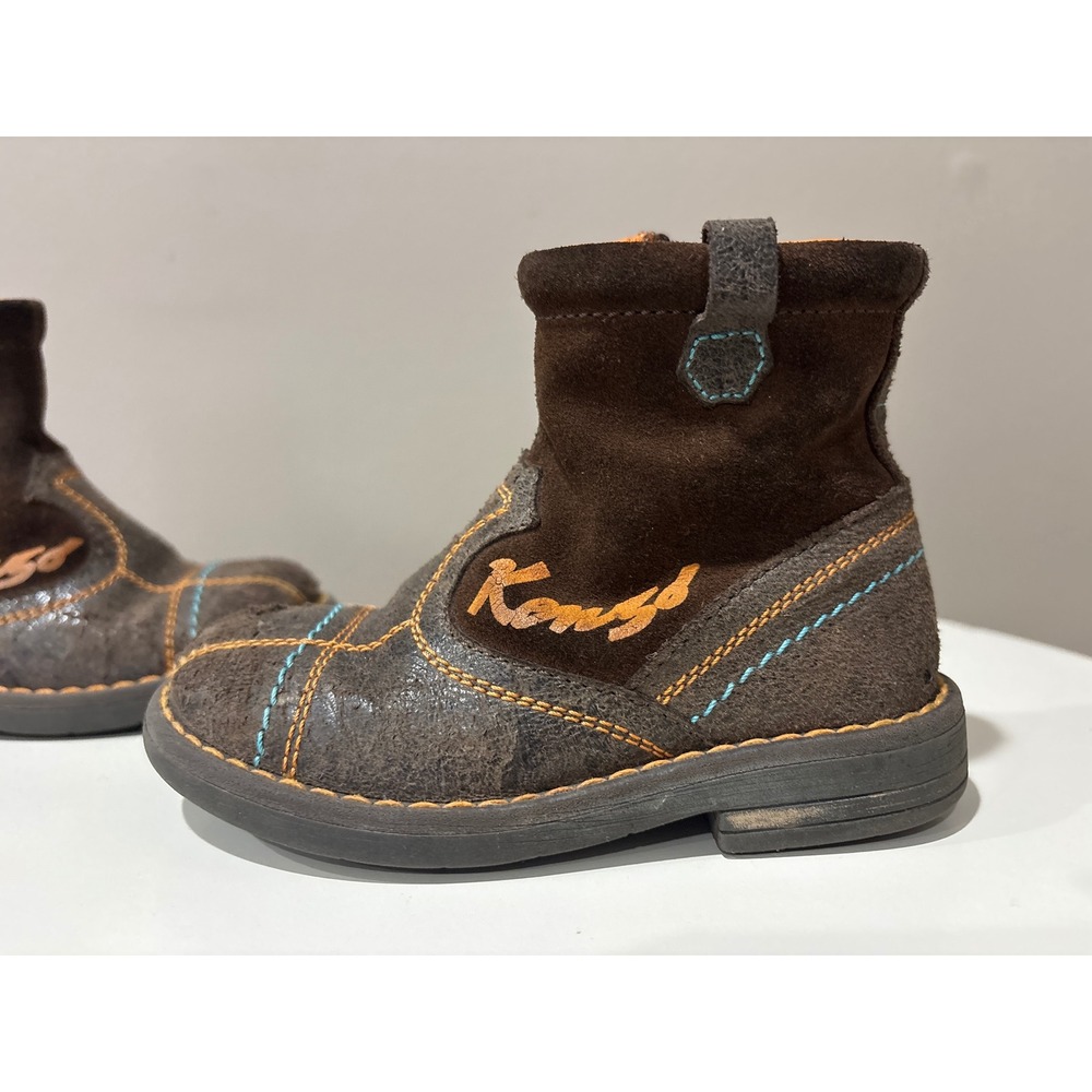 Kenzo Kids Brown Suede Leather Ankle Cowboy Boots Stitching Side Zip 24 7.5